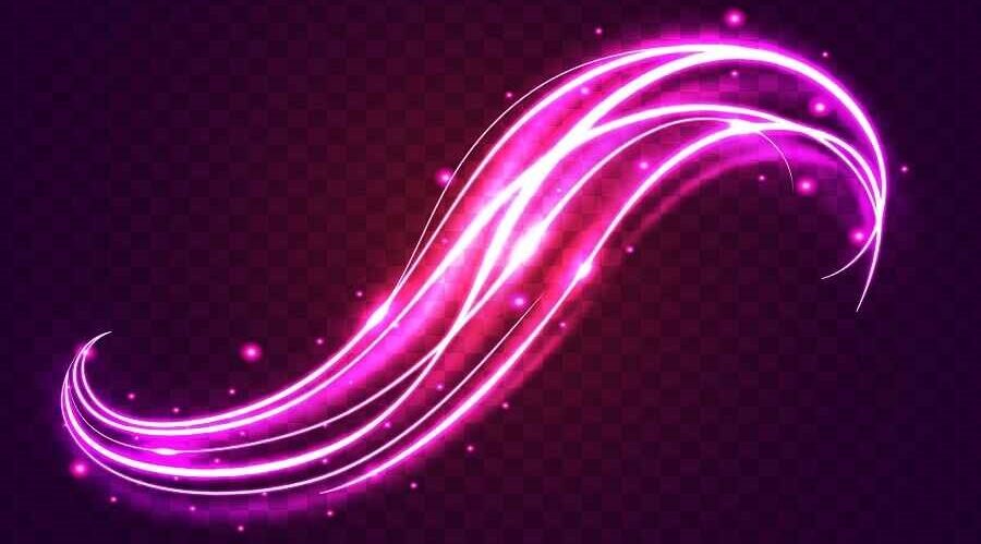 Pink glowing light trail with sparkles on a dark purple background, designed by Freepik.