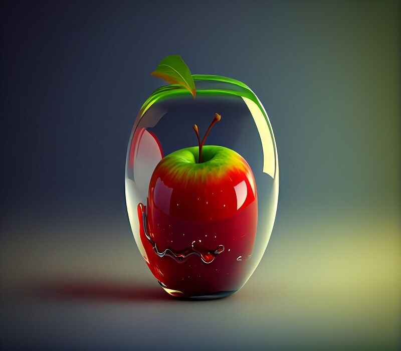 A vibrant, shiny red apple encased in a transparent, smooth glass-like structure, with a green leaf sprouting from its stem, set against a dark, gradient background.